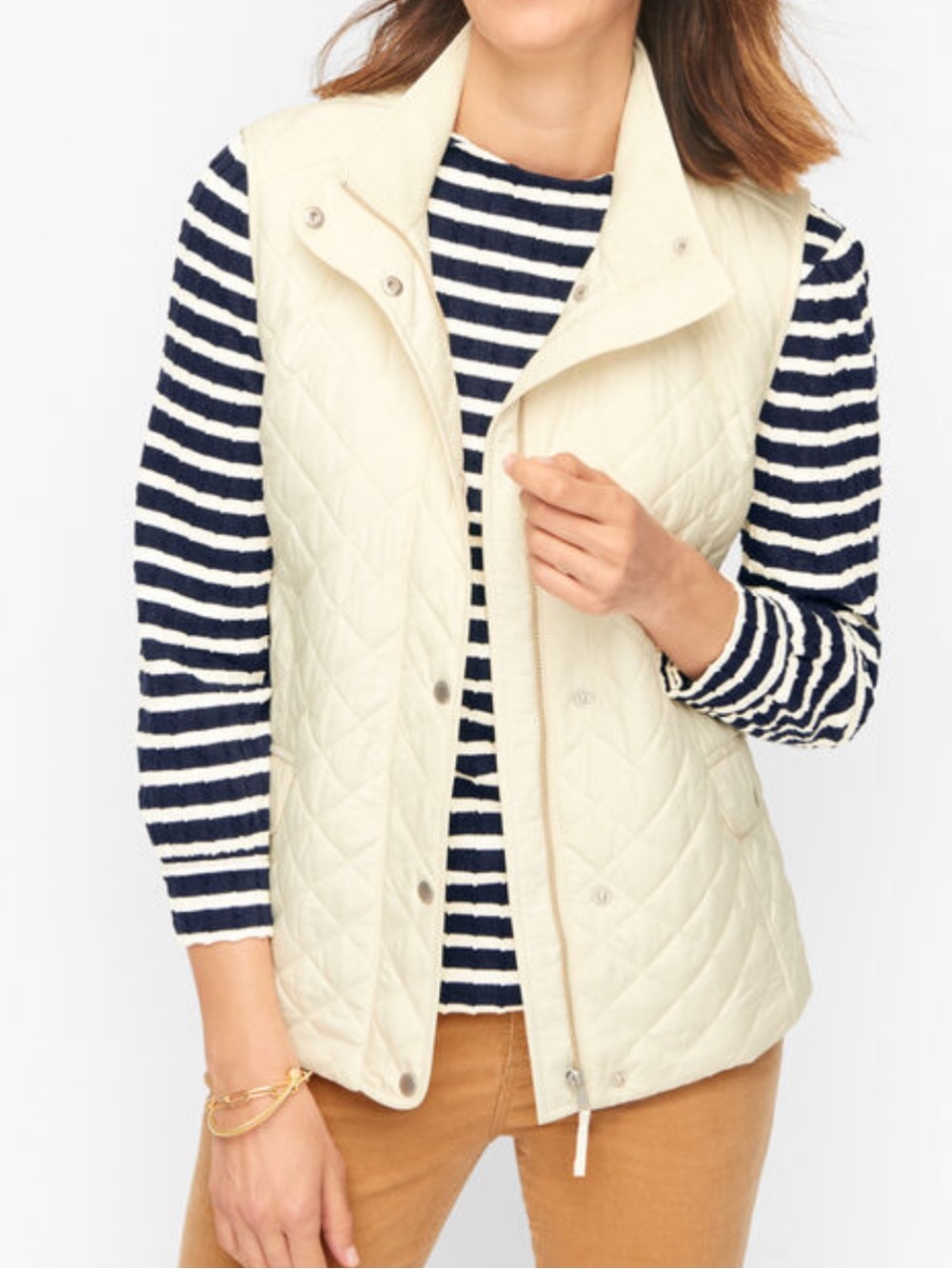 Talbots Cream Quilted Vest with Stand Collar